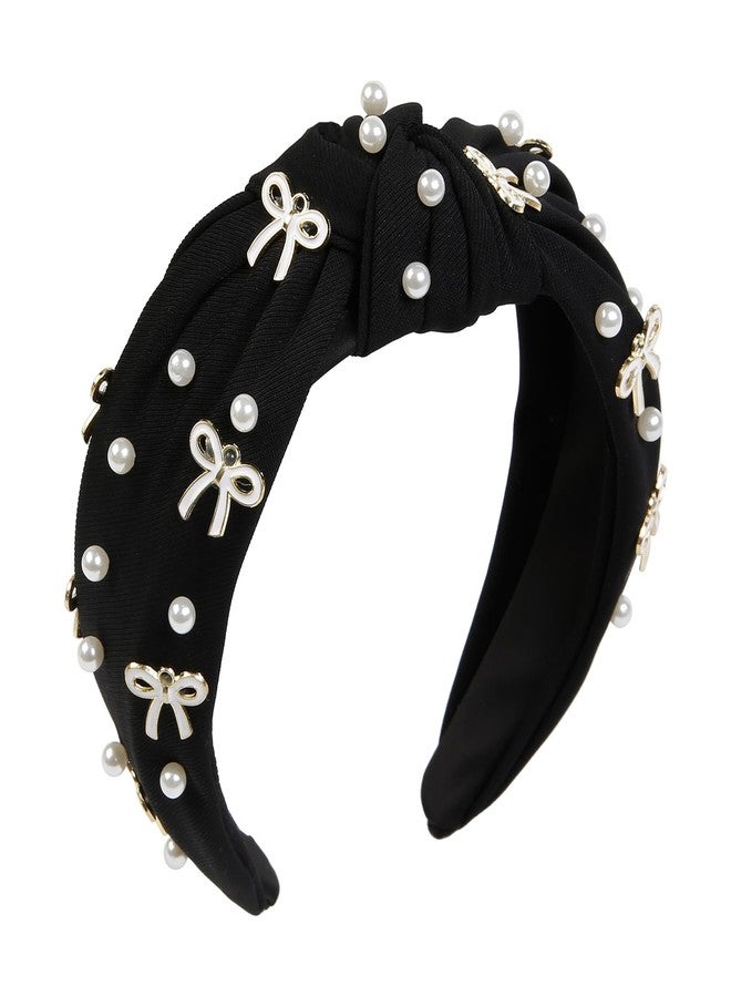 TEBIEKOY Cute Knotted Headbands for Women, Trendy Bows and Pearl Wide Head Band Non Slip Hairhoop, Thick Elastic Hairband for Womens Hair Black Hair Accessories - Image 1